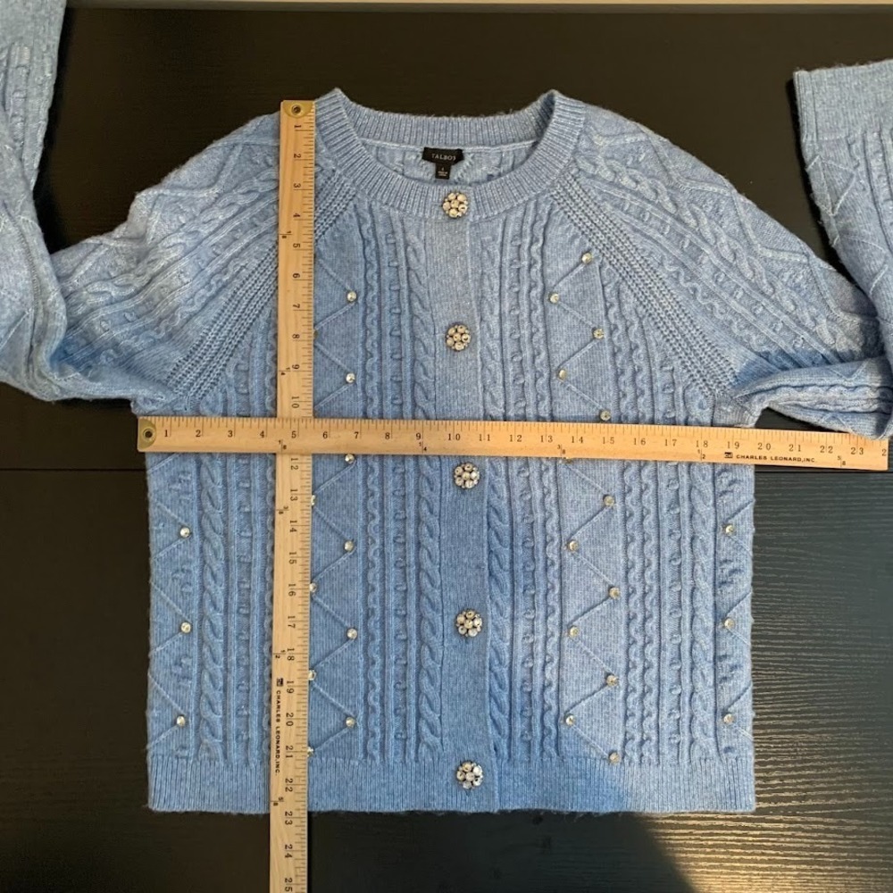 Talbots‎ Blue Crystal Beaded Crewneck Cardigan Knit Preppy Chic Women's L - Picture 8 of 8